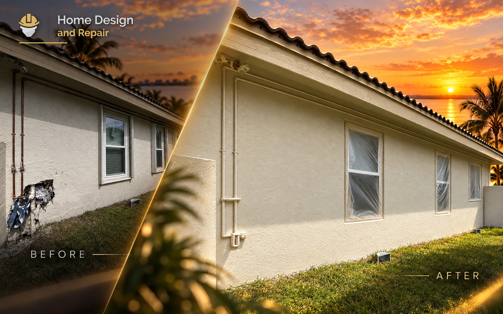 Before and after transformation for Exterior Stucco Wall Repair in Coral Springs, FL