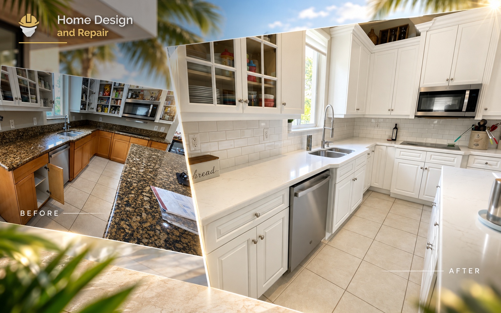 Before and after transformation for Bright White Kitchen Remodel in Coral Springs, FL
