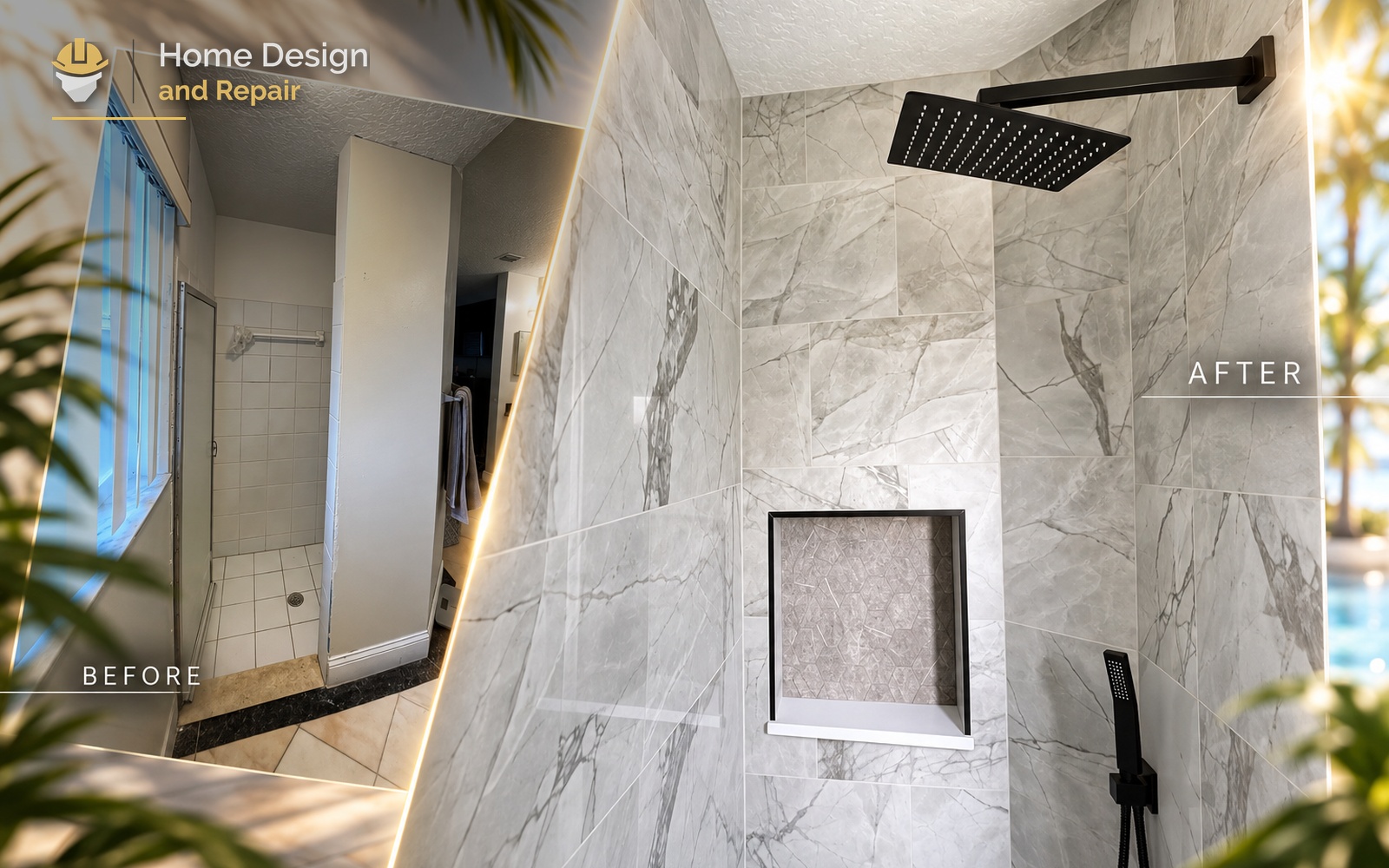 Before and after transformation for Primary Bathroom Walk-In Shower Remodel in Riviera Beach, FL