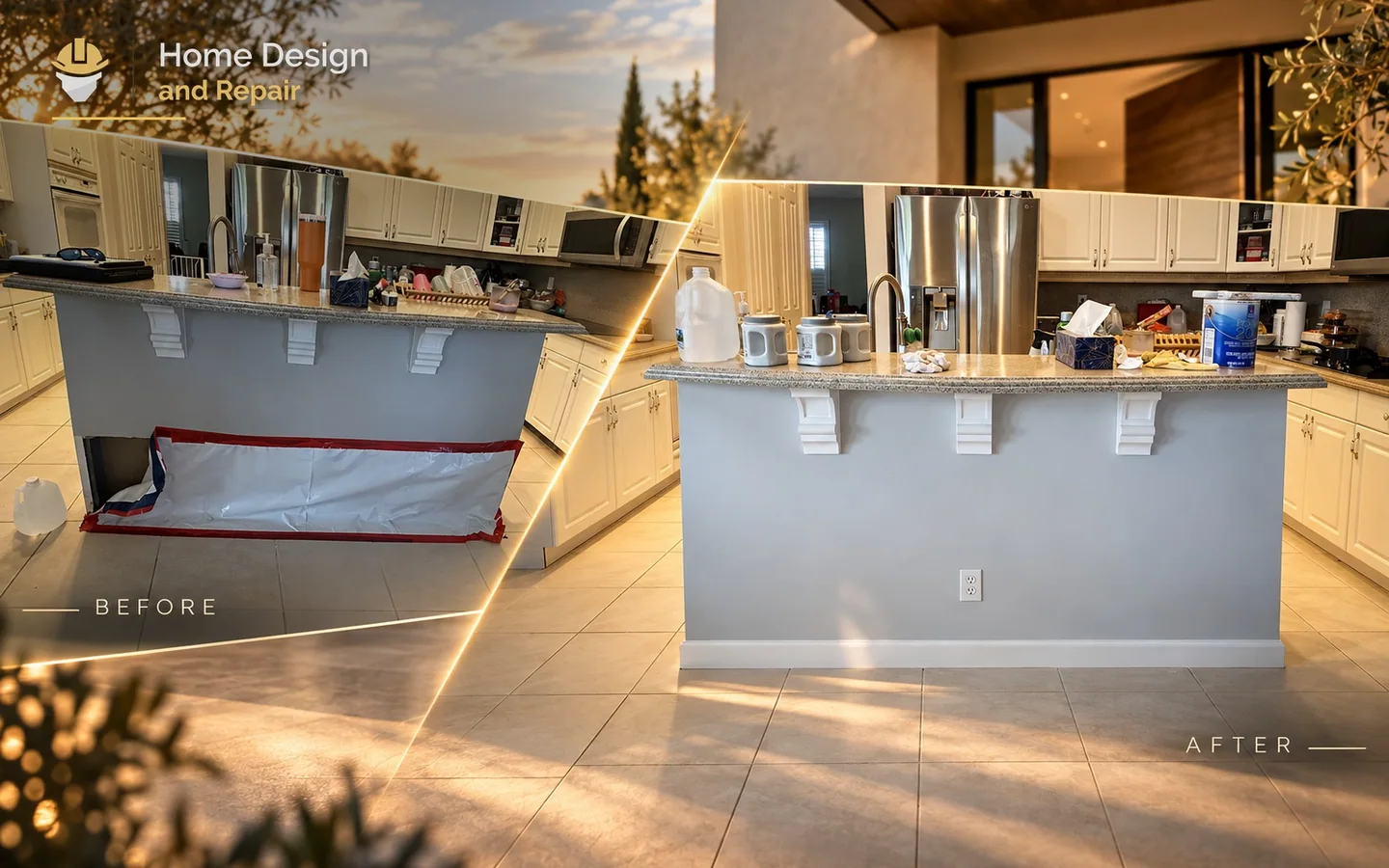 Before and after transformation for Kitchen Water Damage Repairs