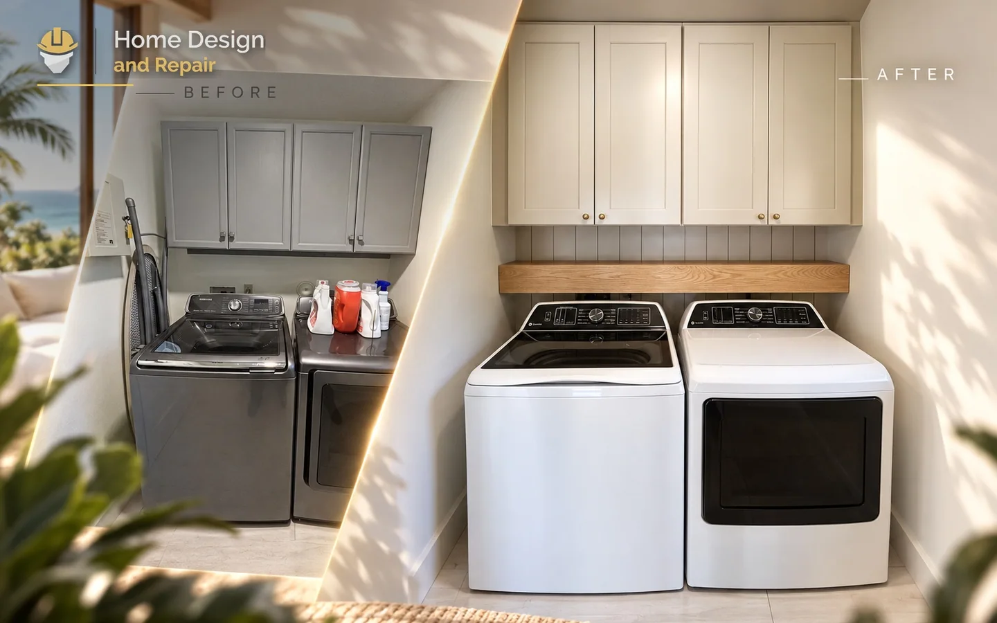 Before and after transformation for Laundry Room Appliance and Cabinet Update in Parkland, FL