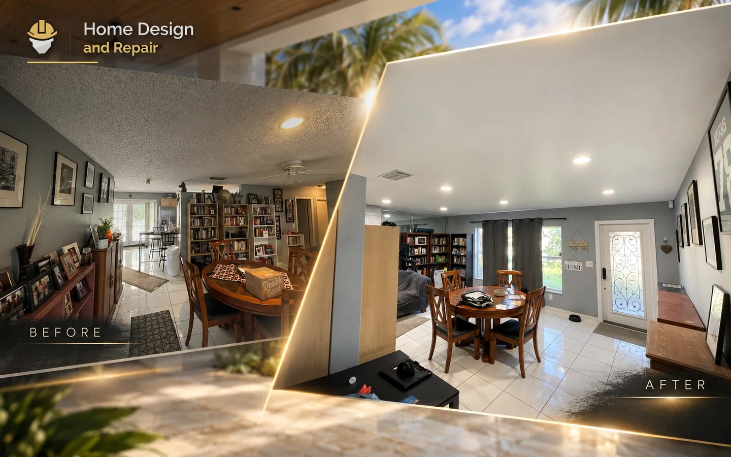 Before and after transformation for Popcorn Ceiling Removal and Refinishing in Coral Springs, FL